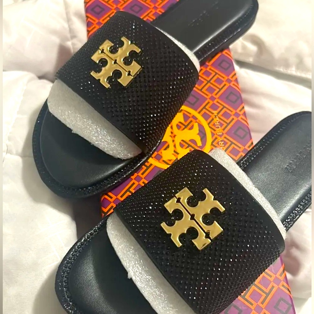 Tory Burch Black Slides with Gold Emblem